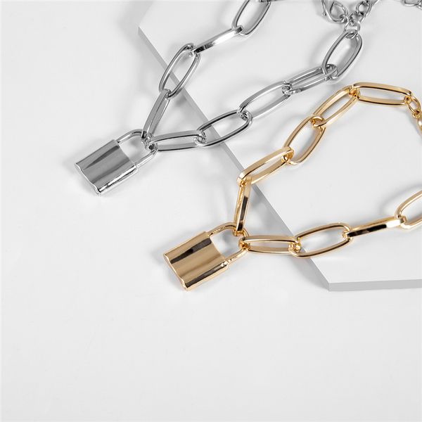 

simple punk thick chain lover padlock bracelet charm creative personality geometric pendant bracelet bangle for women men gift, Golden;silver