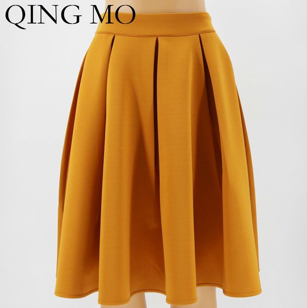 

qing mo yellow women solid pleated skirt vintage women high waist a-line skirt femme knee-length 2020 summer zqy812, Black
