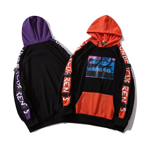 

autumn ins popular brand oversize hip hop transparent pocket couple hooded sweater mens stylish loose top, Black
