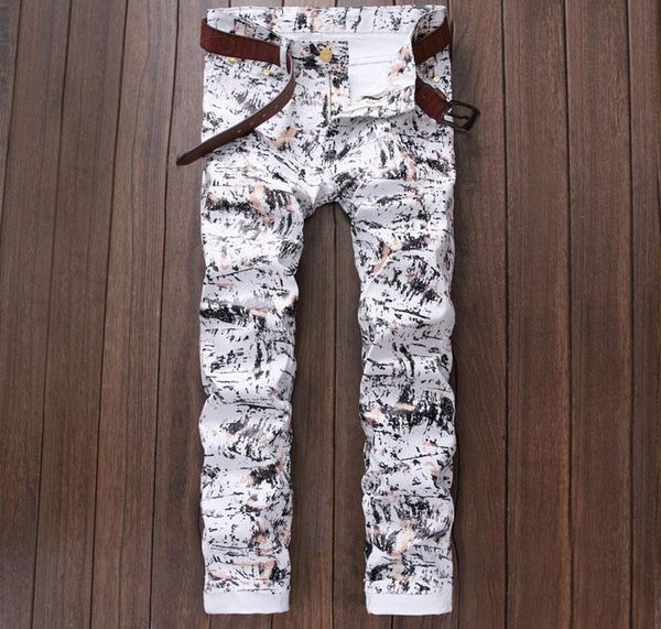 

wholesale-europen american fashion brand men's casual jeans straight luxury print slim trousers cotton pencil pants white jeans men, Blue