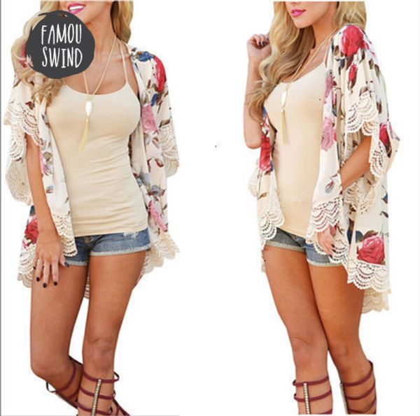 

summer chiffon blouse new women floral loose shawl kimono cardigan boho lace patchwork short sleeve loose halter, White