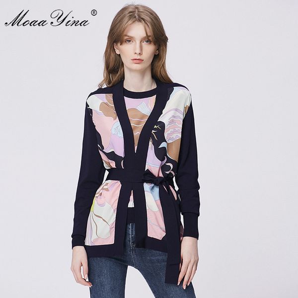 

moaayina spring fashion long sleeve knitting women's elegant print lace up cardigans silk patchwork loose wool sweater coat, White