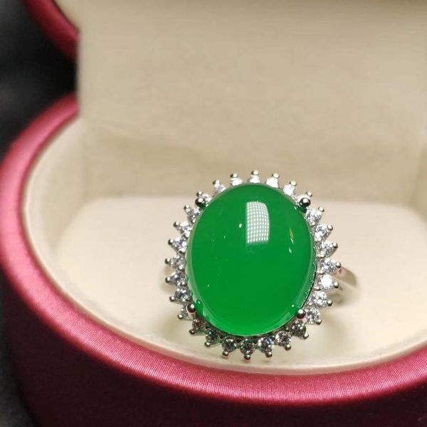 

925 pure silver natural all green jade ring woman adjustable, Golden;silver