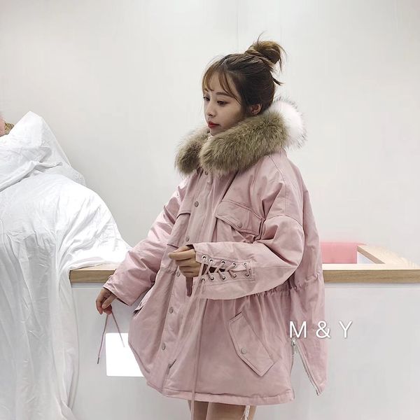 

2018 winter new style korean-style women's down jacket women's short raccoon dog large fur collar hooded loose-fit coat, Black;white