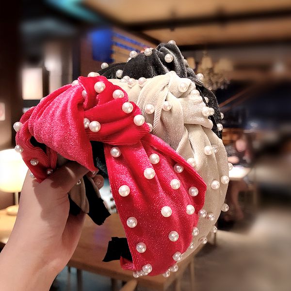 

new winter coral fleece pearls knot soft warm hairbands for women headband hair holder ornament fashion hair accessories
