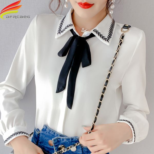 

spring 2019 women collar embroidery blouses office lady long sleeve turn down collar shirts white female blusas with bow