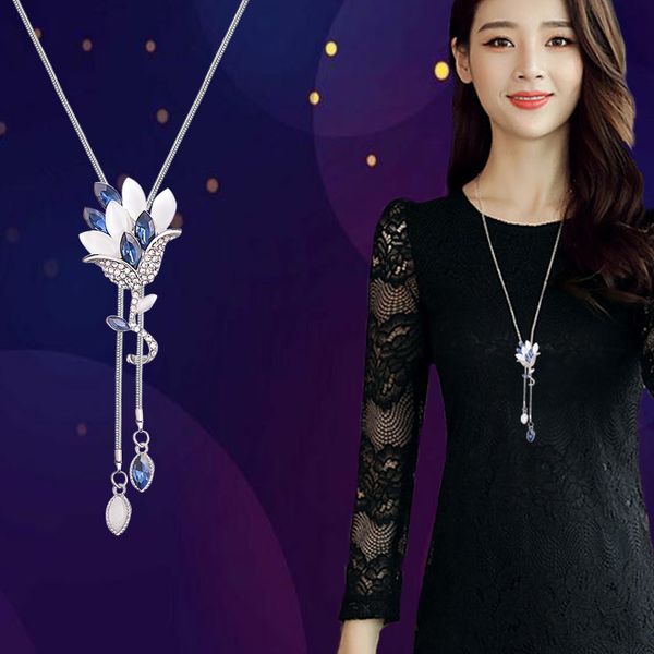 

2019 new flower tassel long necklace temperament women pendant dress accessories sweater necklace korean jewelry, Silver