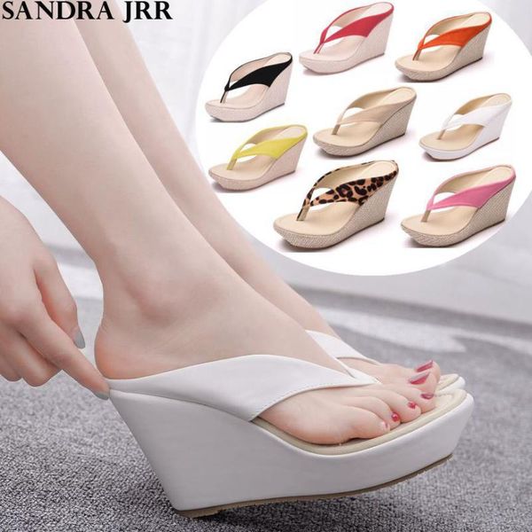

sandra jrr women slippers wedges heel flip flops summer high heel sandals plus size slides pumps, Black