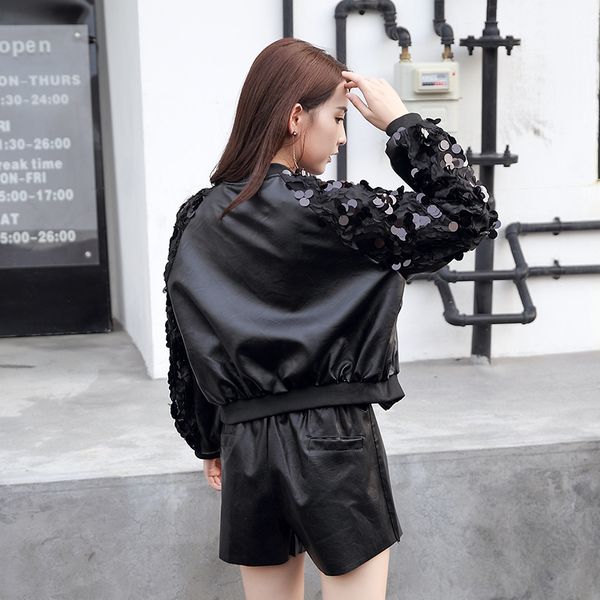 

winter sequins loose leather jacket streetstyle spliced pu jacket coat female loose bf short black pu bomber, Black;brown