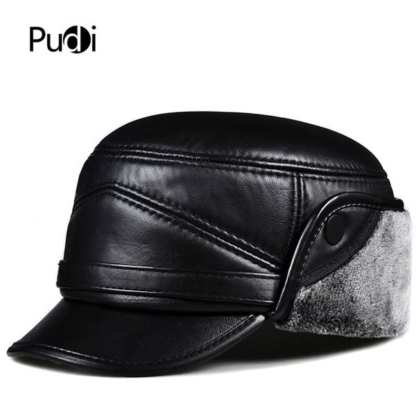 

hl162 winter man warm hat 2018 new genuine leather baseball cap ear flap bomber hats with faux fur inside black