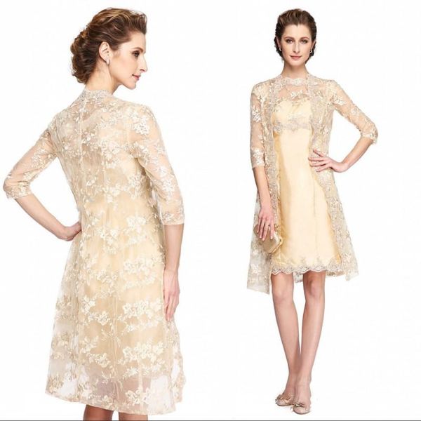 

knee length short mother of the bride dress with coat lace half sleeve taffeta champagne column wedding guest suits party gowns, Black;red