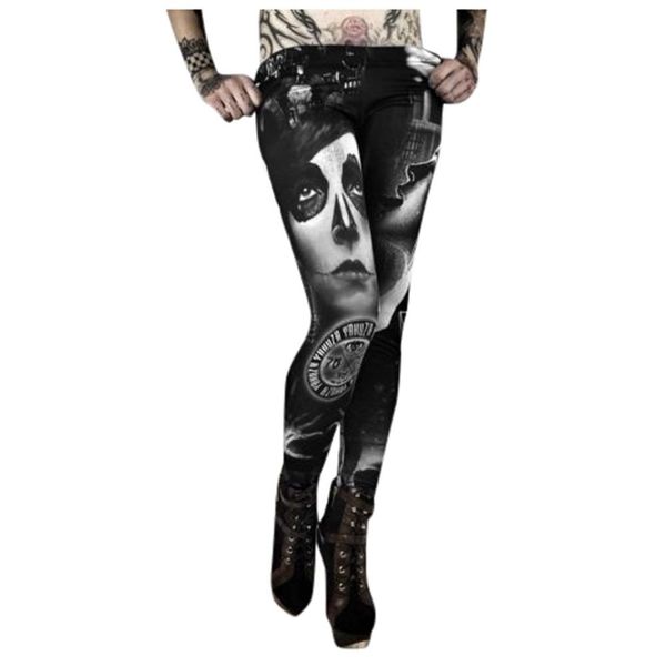 

fashion women gothic style skull print embossed fitness leggings ladies black mid elastic waist yoga pant for 2019 fashion, White;red