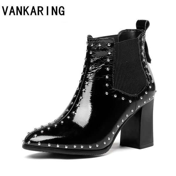 

new brand design patent leather women autumn shoes cozy high heel ankle boots fashion punk rivets pointed toe winter black boots