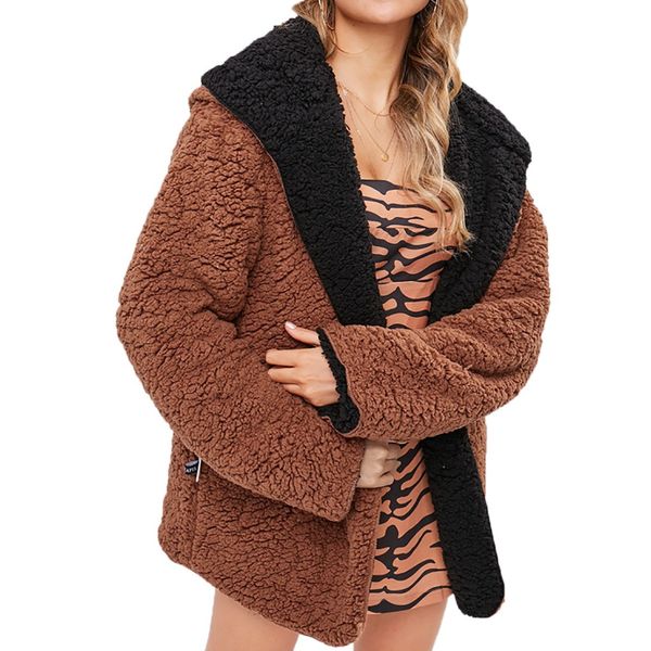 

chaquetas mujer invierno 2018 women's velvet solid double-sided long-sleeved warm jacket womens pure color coat veste femme, Black;brown