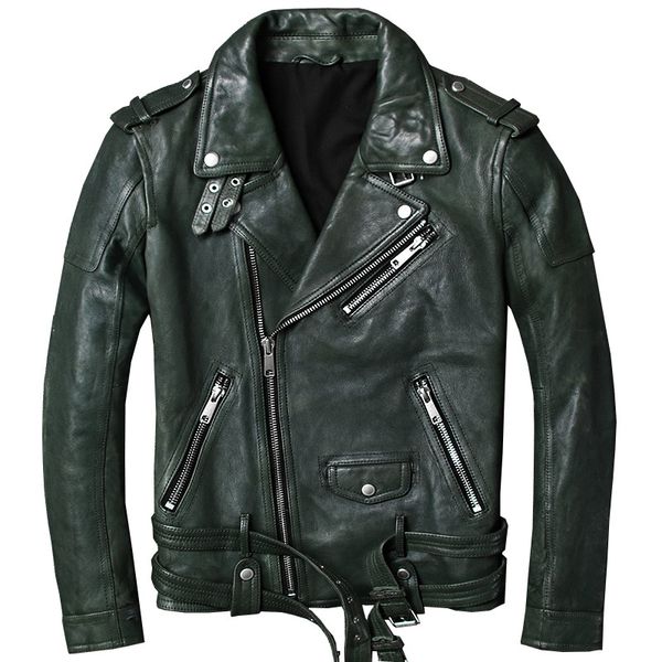 

mens genuine leather jackets and coats 100% real cow cowhide motorcycle biker green male brand clothing jaqueta masculino couro, Black