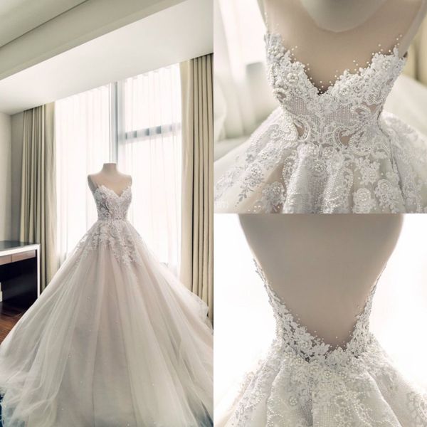 

real picture boho wedding dresses lace applique rhinestone a line sweep train beach wedding dress custom made backless vestidos de novia, White