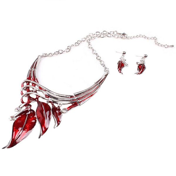 

fashion women rhinestone enamel leaves dangle earrings necklace jewelry set, Silver