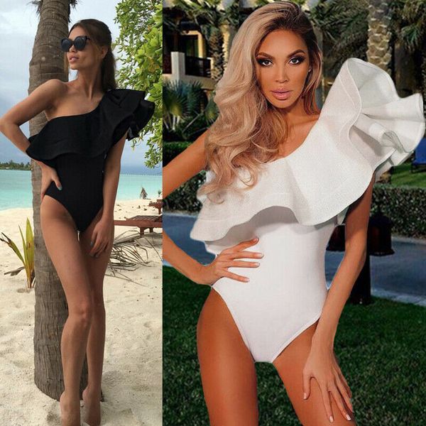

women bodysuit stretch leotard sleeveless ruffles slim evening party body t shirt jumpsuit romper, Black;white