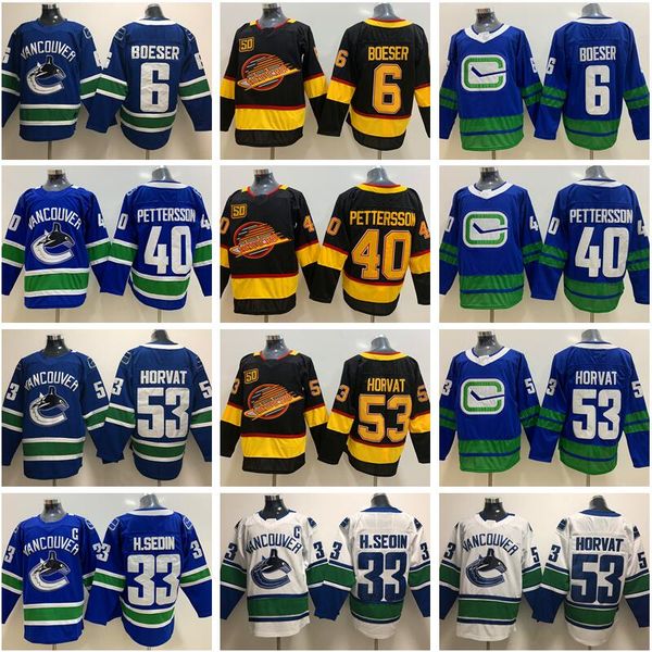 

hockey vancouver canucks 40 elias pettersson jersey 6 brock boeser 53 bo horvat daniel 33 henrik sedin 2020 flying skate 50th black blue, Black;red
