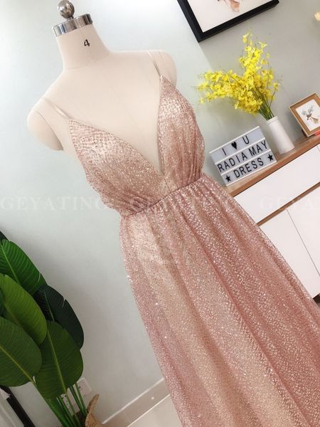

spaghetti straps v-neck backless prom dresses 2020 rose gold sequin long evening dress a-line champagne formal party gowns, Black;gray