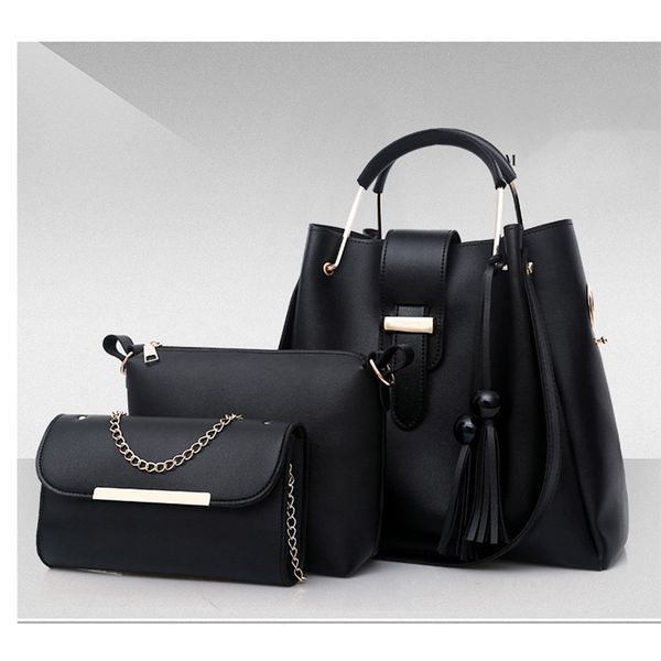 

3pcs/set cosmetic bag women pu leather makeup bags casual tassel decors shoulder tote bag ladies travel toiletry black pink