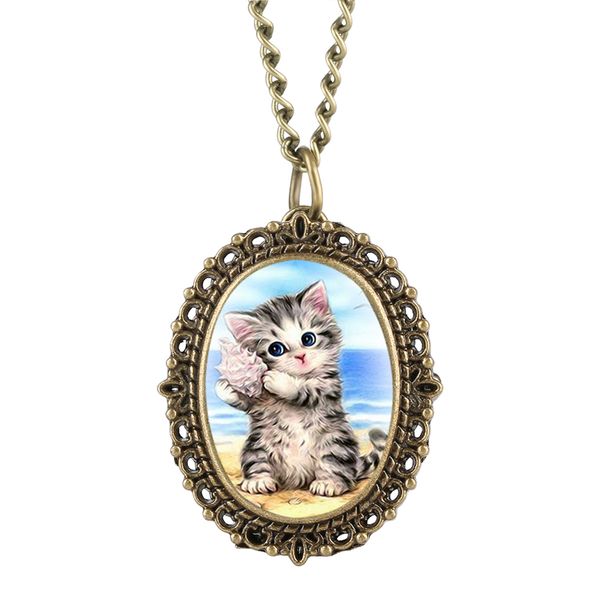 

bronze pink kitty patch/cherry kitty/cat pocket watch for girl quartz pocket watches for women necklace watch gift friends, Slivery;golden