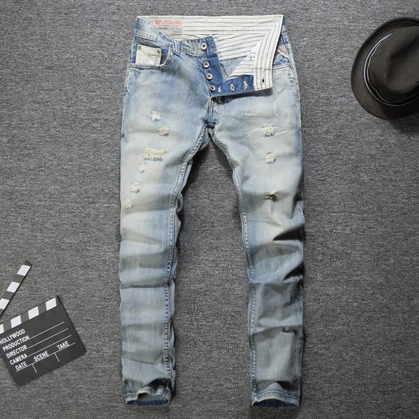 

summer fashion men jeans newly designer light blue color slim fit ripped jeans for men streetwear skinny fit hip hop homme