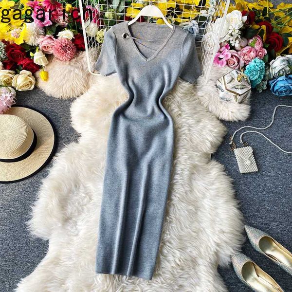

gagarich solid ladies dress spring summer new korean style elegant v-neck simple basic pure color casual style stretch vestido, Black;gray