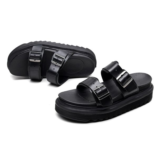 

designer real leather summer shoes open toe fashion double buckle platform casual slippers black martin gladiator sandals size 35-40
