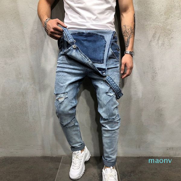

wholesale-fashion mens ripped jeans jumpsuits street distressed hole denim bib overalls for man suspender pants size -xxl, Blue