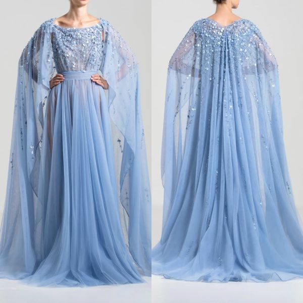 

2020 blue evening dresses with cape tulle sequins a line illusion scoop neck fairy prom dress sweep train custom made special occasion gowns, Black;red