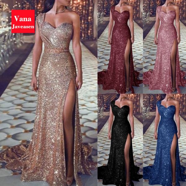 

vana javeasen элегантный sexy одно плечо платье женщин sequined высокой талией длинные платья лета партии вечера trumpet женские платья, Black;gray