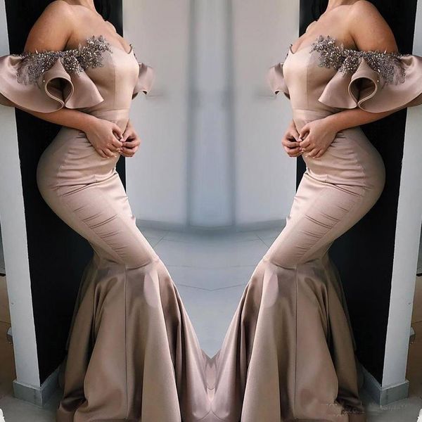 

2019 Sexy Mermaid Evening Dresses with Beads Crystals Elegant Off Shoulder Ruffles Train Long Prom Gowns Red Carpet Formal Wears