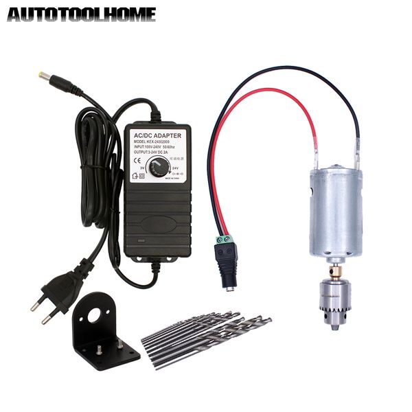 

dc 24v motor electric hand drill kit with 3-24v 2a adjustable power supply adapter 0.3-4mm jt0 chuck twist drill bits multi tool