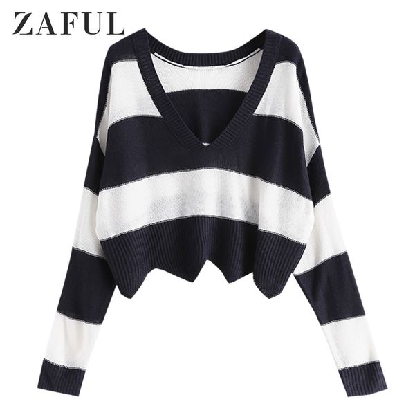 

zaful plunge two tone striped short sweater plunging neck full sleeves loose drop shoulder pullovers autumn daily outdoor, White;black