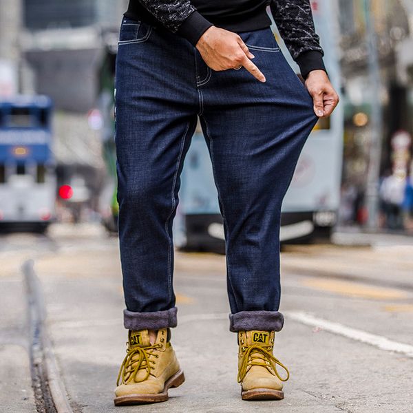 

2019 spring men plus velvet jeans business casual straight slim fit blue jeans stretch denim pants trousers big size 30-42-48