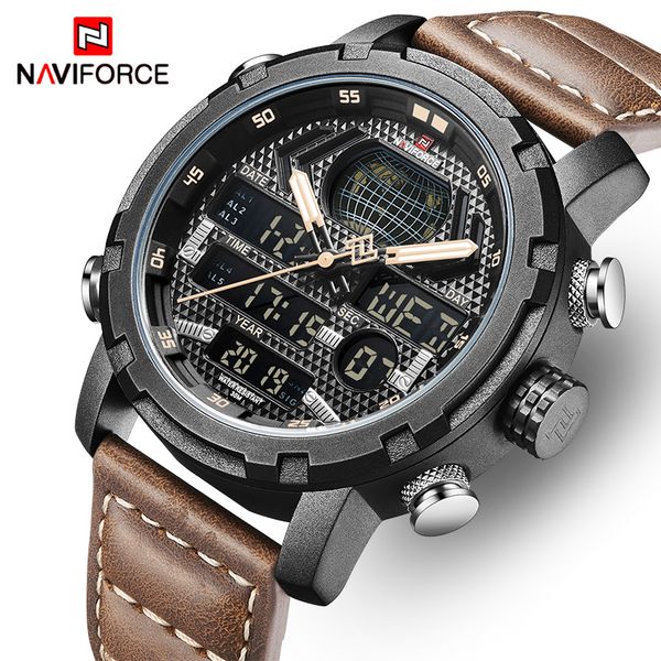 

naviforce mens watches men leather sports watches man quartz digital waterproof watch relogio masculion, Slivery;brown