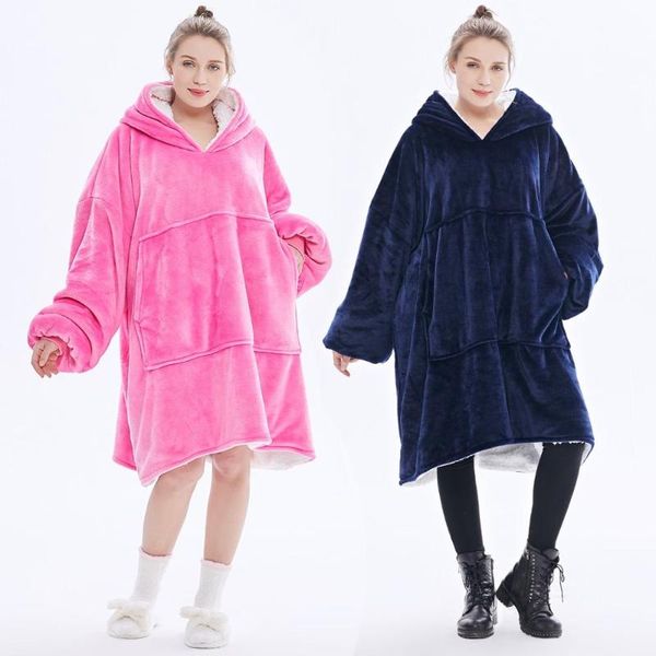 

cozy oversized hooded sweatshirt hoodies tv blanket thicken fleece coat pullover winter outdoor hooded pocket blankets, Black
