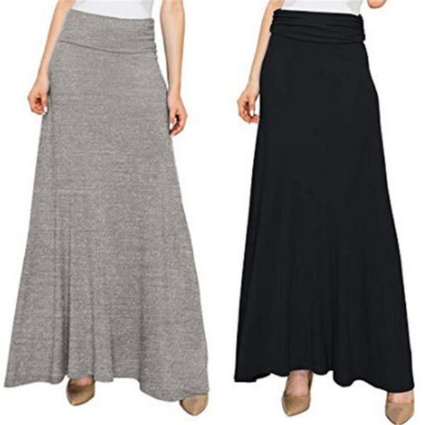 

women summer skirt high waist long maxi skirts elastic waist pleated long stretchy skirts new vintage a-line solid color skirt, Black