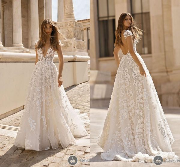 

gorgeous 2020 v neck a line wedding dresses short sleeves lace 3d flora appliques backless beach bridal gown bride dresses, White