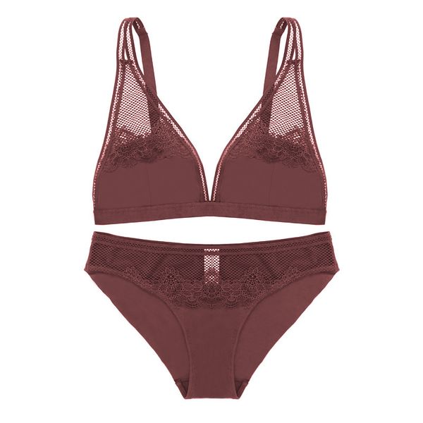 

sexy глубокий v погружение модальные бюстгальтер с кружевом ультра тонкий беспроводной бюстгальтер и трусики комплект нижнего белья lingerie, Red;black