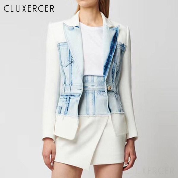 

2020 new fashion spring autumn denim patchwork blazer jacket female casual notched collar long sleeve one button suit women, White;black