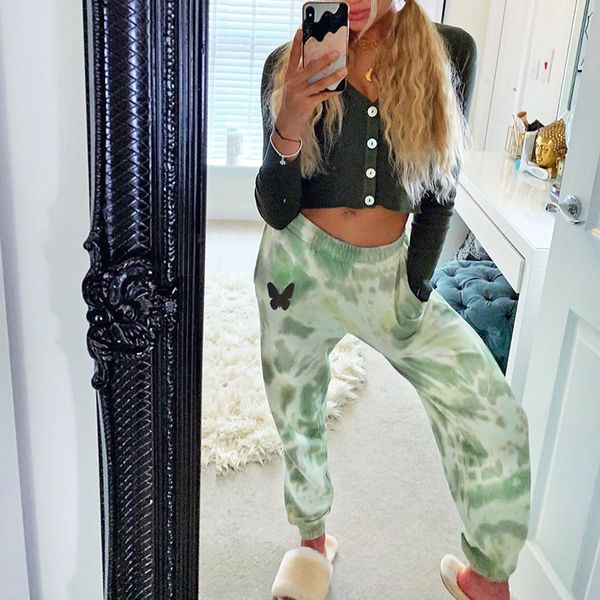 

butterfly print tie dye joggers women summer full length sweatpants women high waist casual streetwear loose pant, White;red