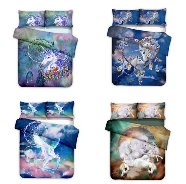 

3d unicorn bedding set 3 pcs rainbow horse dream catcher colorful duvet cover set with pillowcase