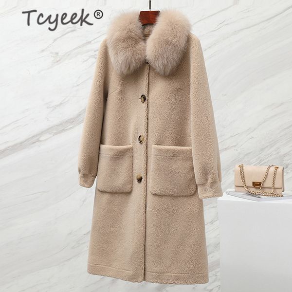 

tcyeek real fur coat female vintage winter women jacket + fox fur collar 2019 korean warm elegant long wool coats hiver 19c3180, Black