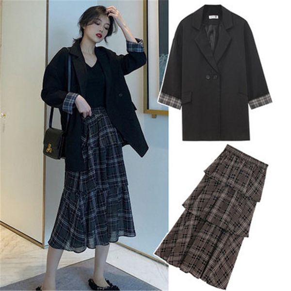

work dresses spring summer 2021 women's plus size dress two-piece suit causal plaid skirts+black blazers jackets sets m184, White;black