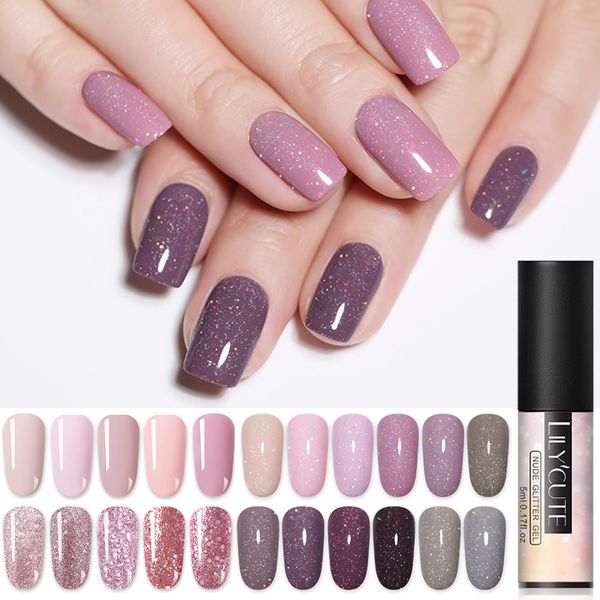 

lilycute 5ml nude glitter gel nail polish holographic rose gold sequins nail gel soak off art uv polish, Red;pink