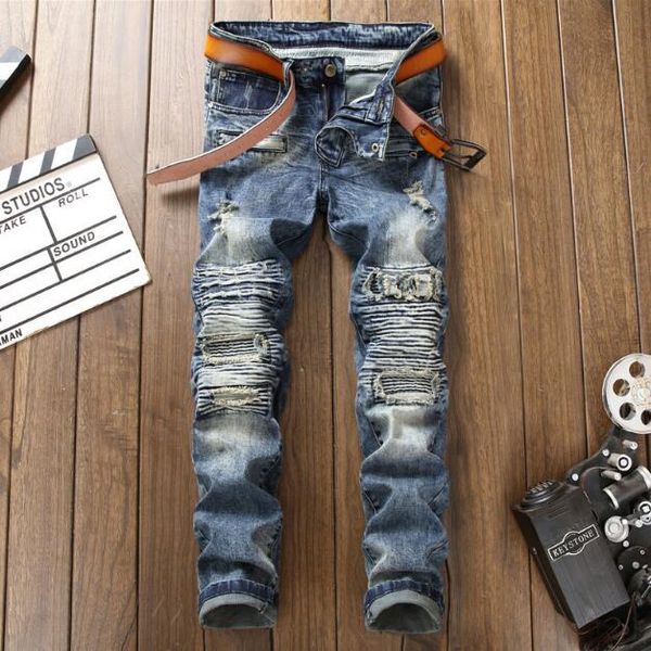

designer pants mens fashion jeans european american style hipsters elastic hole patch cycling pants men motorcycle trousers luxury jeans, Blue