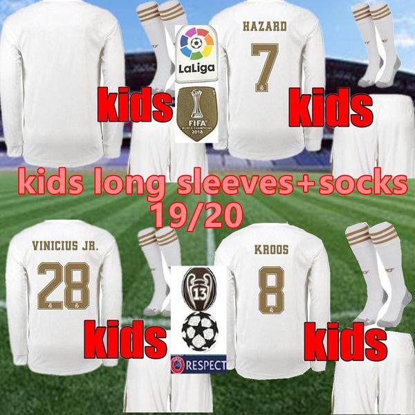 

2019 2020 real madrid soccer jerseys long sleeves kids kit soccer shirt madrid 19 20 hazard bale modric boys youth football uniforms, Black;yellow