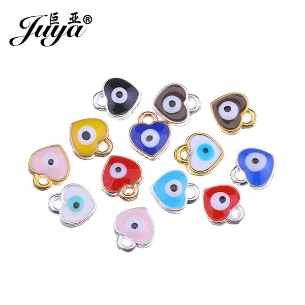 

juya floating charms pendants for jewelry bracelet making 8x7mm 15pcs heart shape evil eyes handmade pendant suppliers ae0078, Bronze;silver